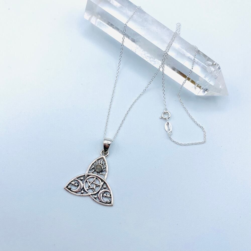 Sterling Silver Celtic Triquetra Pendant Necklace-Pagan Wiccan Pentacle Design